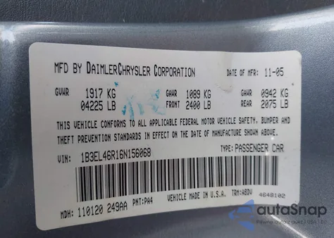 2006 Dodge Stratus Sxt из США, поврежденный, VIN 1B3EL46R16N156068